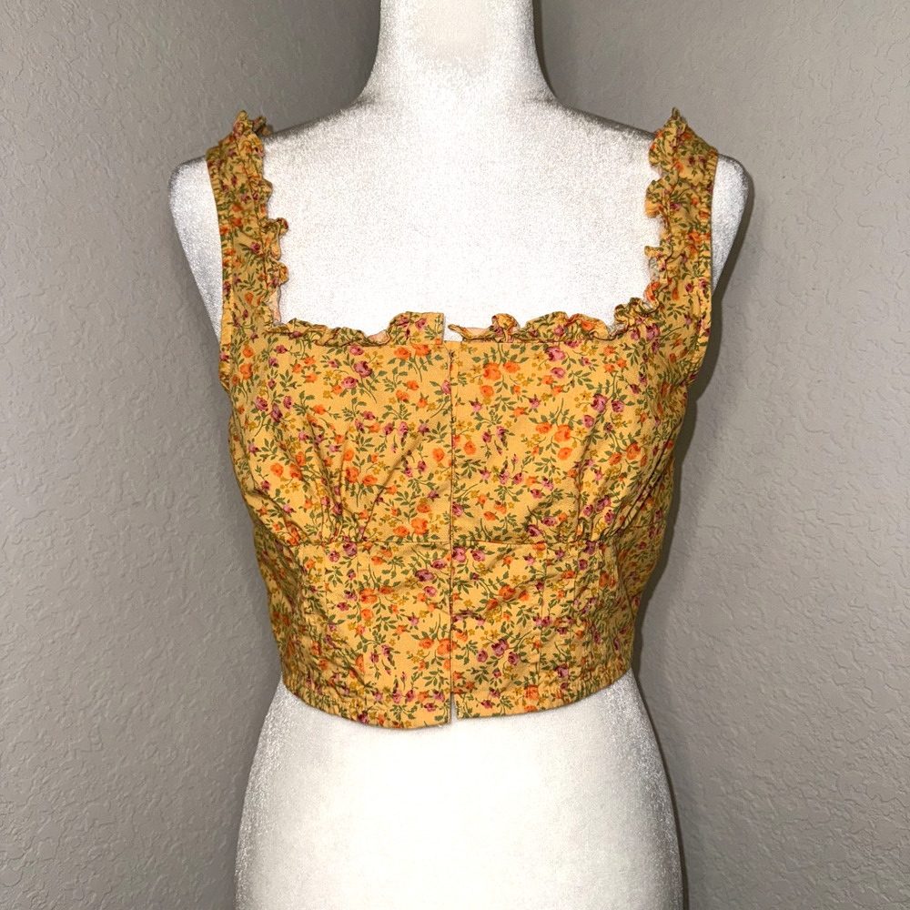 American Eagle Crop Top Womens Small Yellow Floral Smocked Back Coquette Cottage